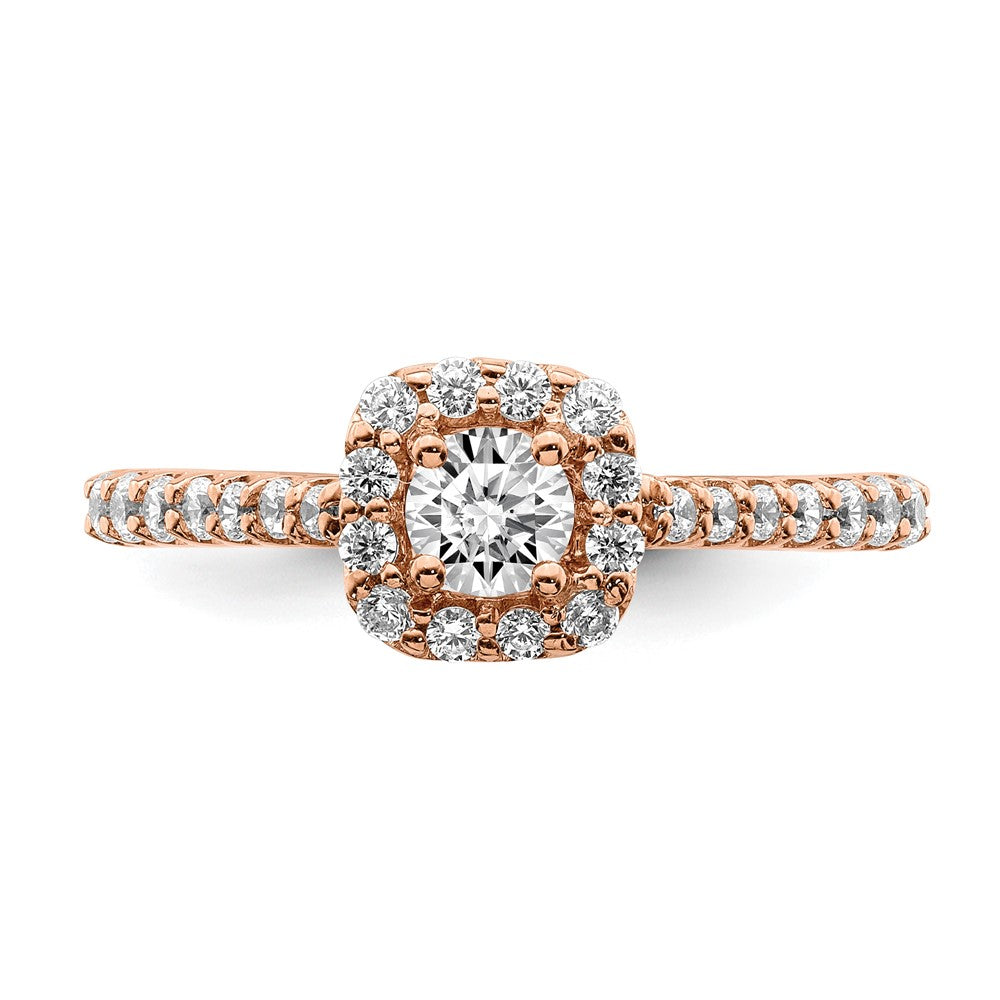 Round lab-grown diamond halo engagement ring in 14K rose gold
