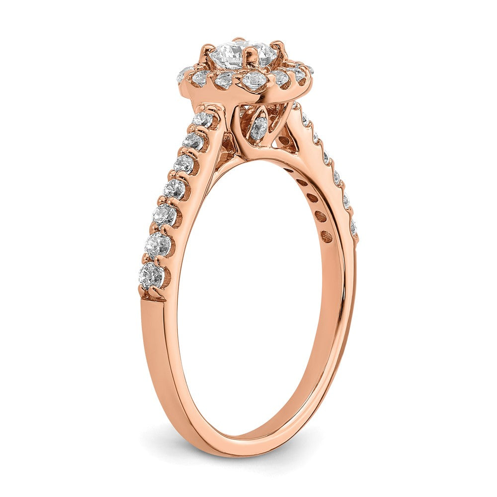Round lab-grown diamond halo engagement ring in 14K rose gold