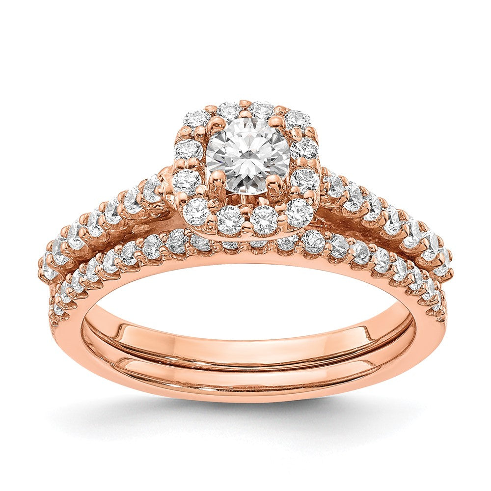Round lab-grown diamond halo engagement ring in 14K rose gold