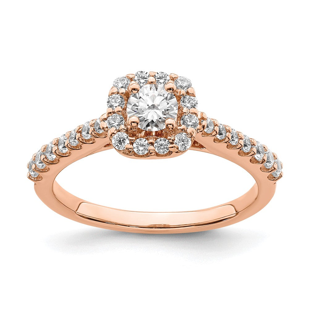 Round lab-grown diamond halo engagement ring in 14K rose gold