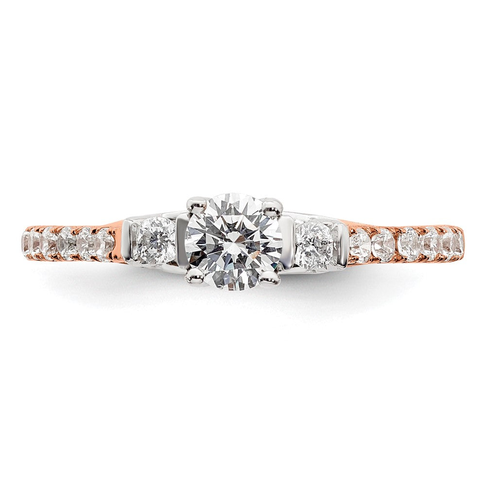 Round lab-grown diamond side stones engagement ring in 10K two-tone gold