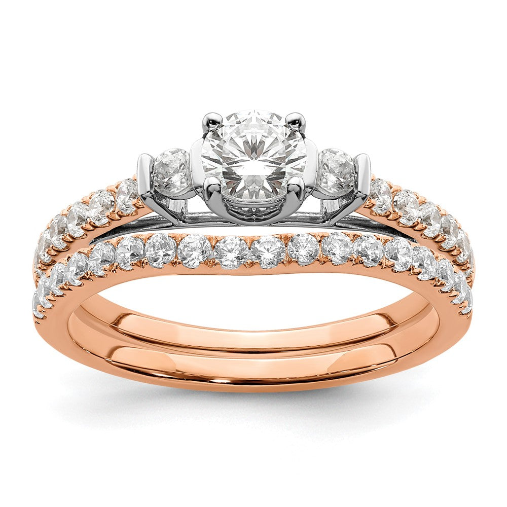 Round lab-grown diamond side stones engagement ring in 10K two-tone gold