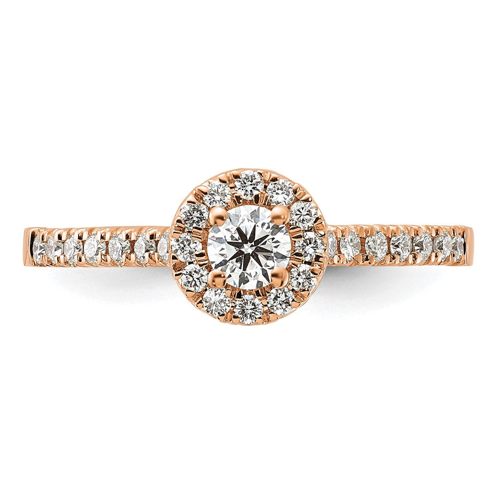 Round lab-grown diamond halo engagement ring in 14K rose gold