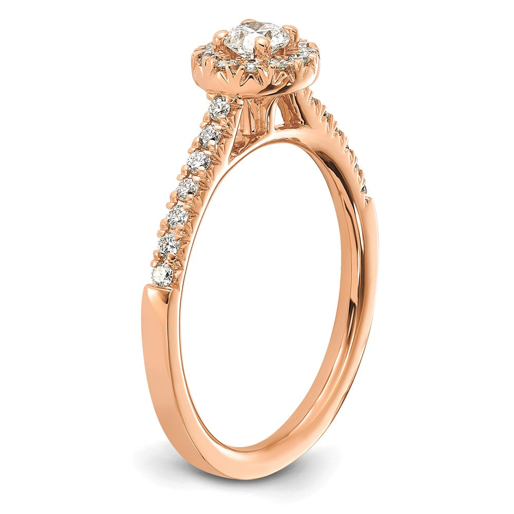 Round lab-grown diamond halo engagement ring in 14K rose gold