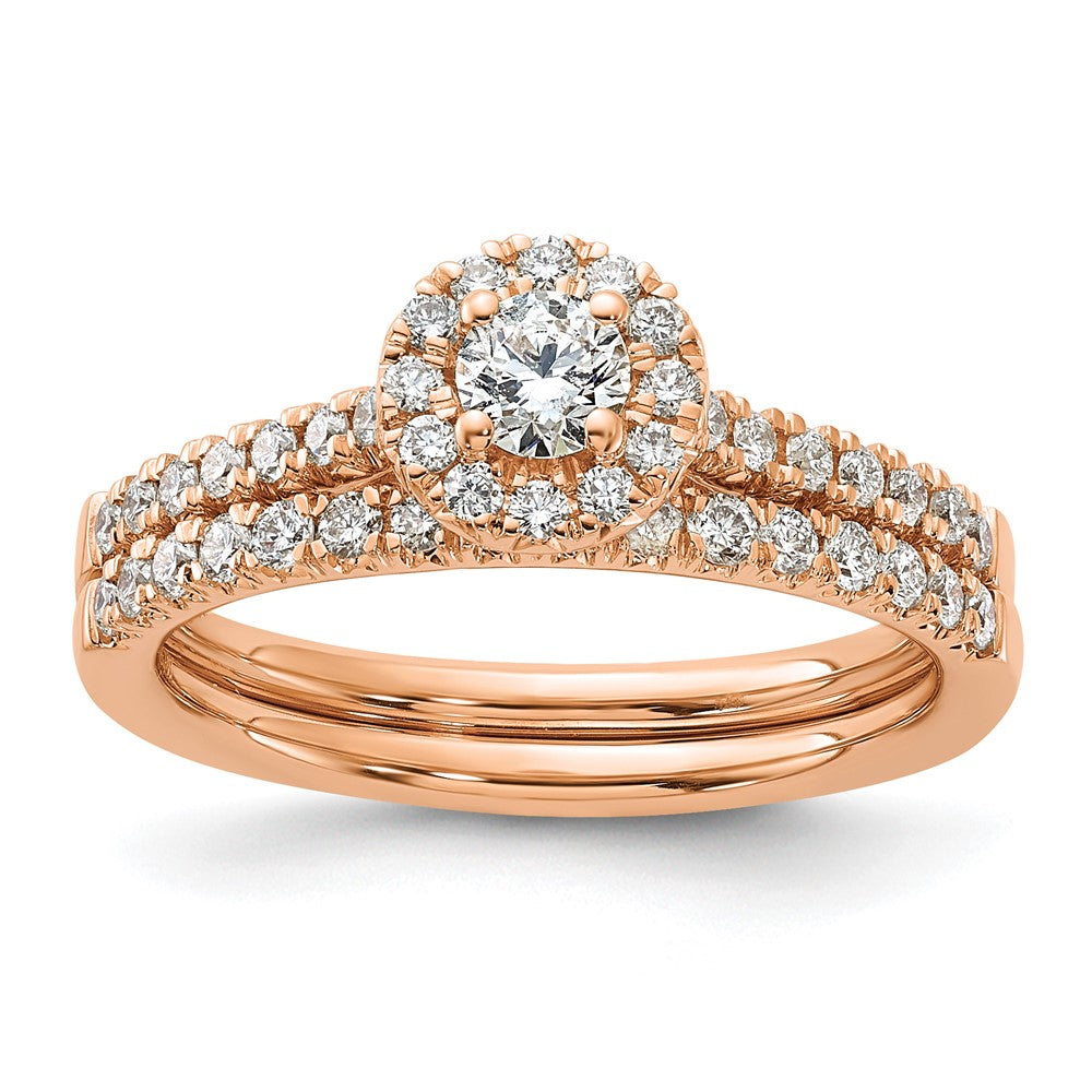 Round lab-grown diamond halo engagement ring in 14K rose gold
