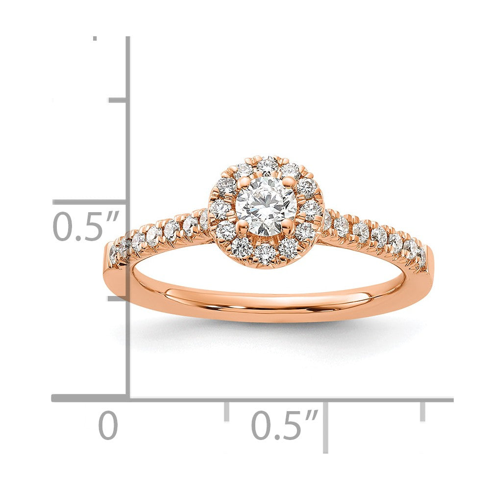 Round lab-grown diamond halo engagement ring in 14K rose gold