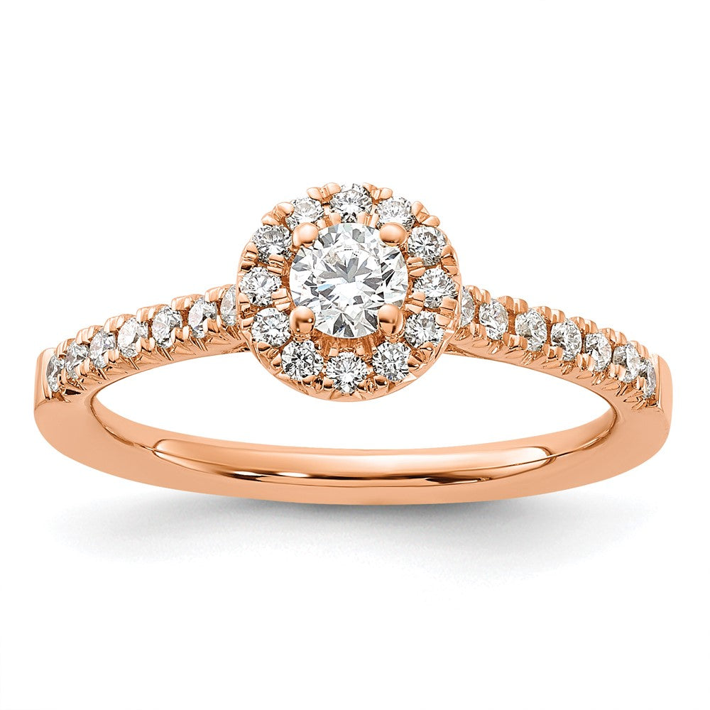 Round lab-grown diamond halo engagement ring in 14K rose gold