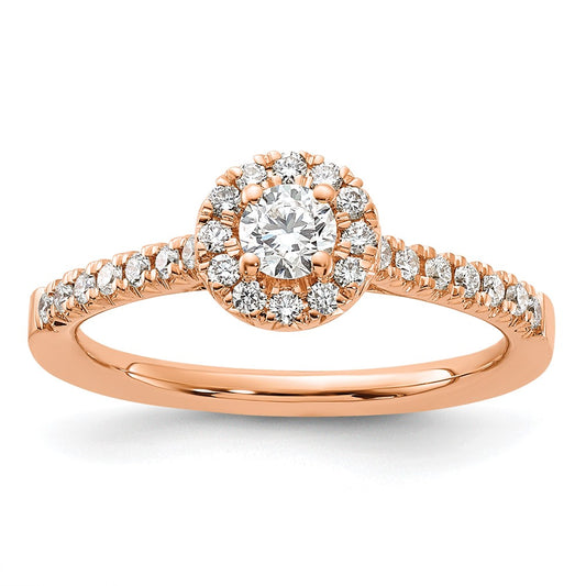 Round lab-grown diamond halo engagement ring in 14K rose gold