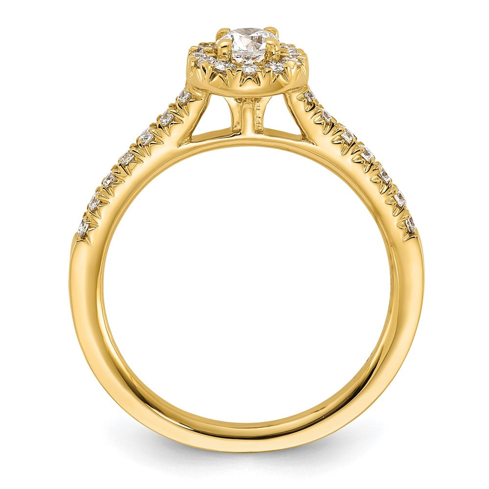 Round lab-grown diamond halo engagement ring in 14K yellow gold