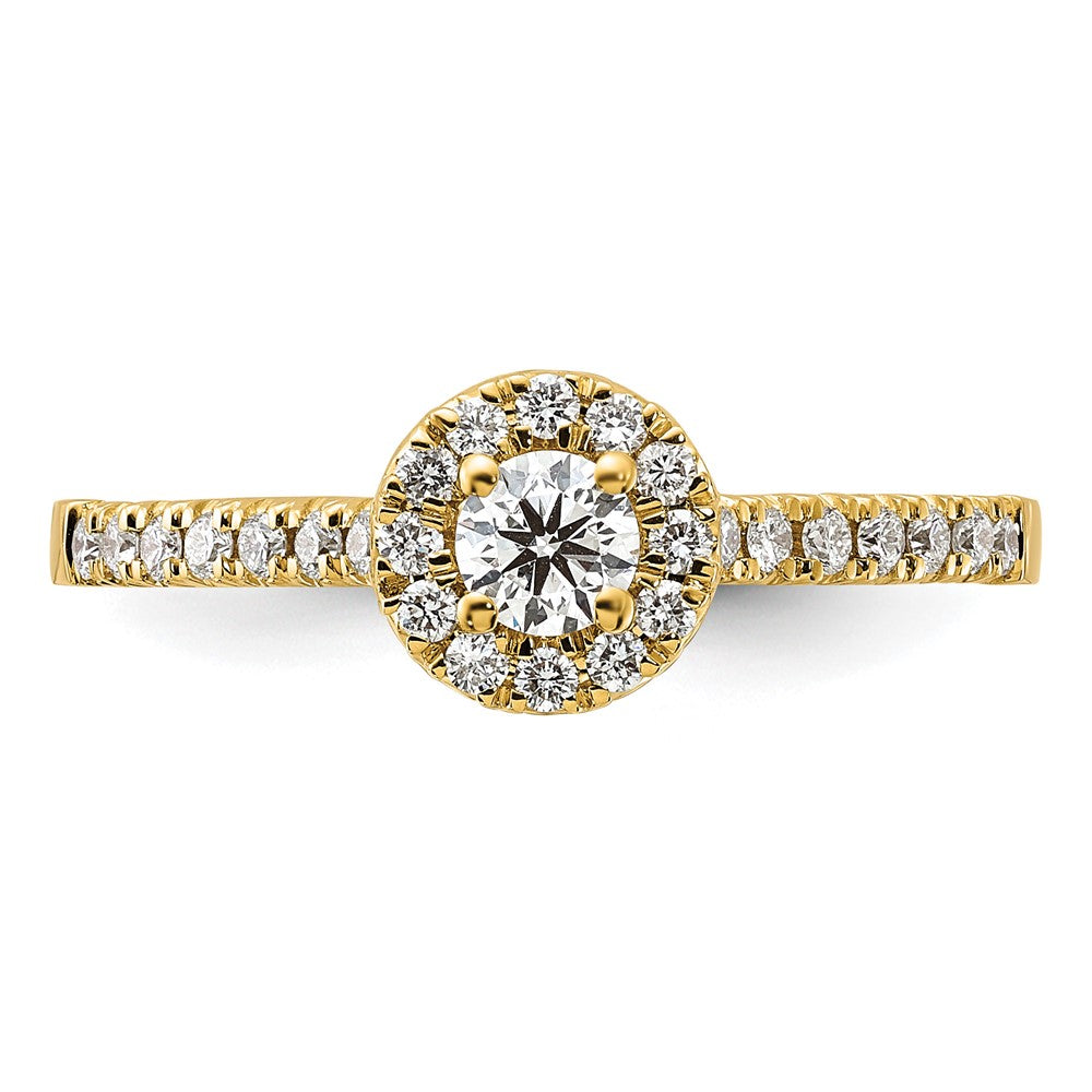 Round lab-grown diamond halo engagement ring in 14K yellow gold
