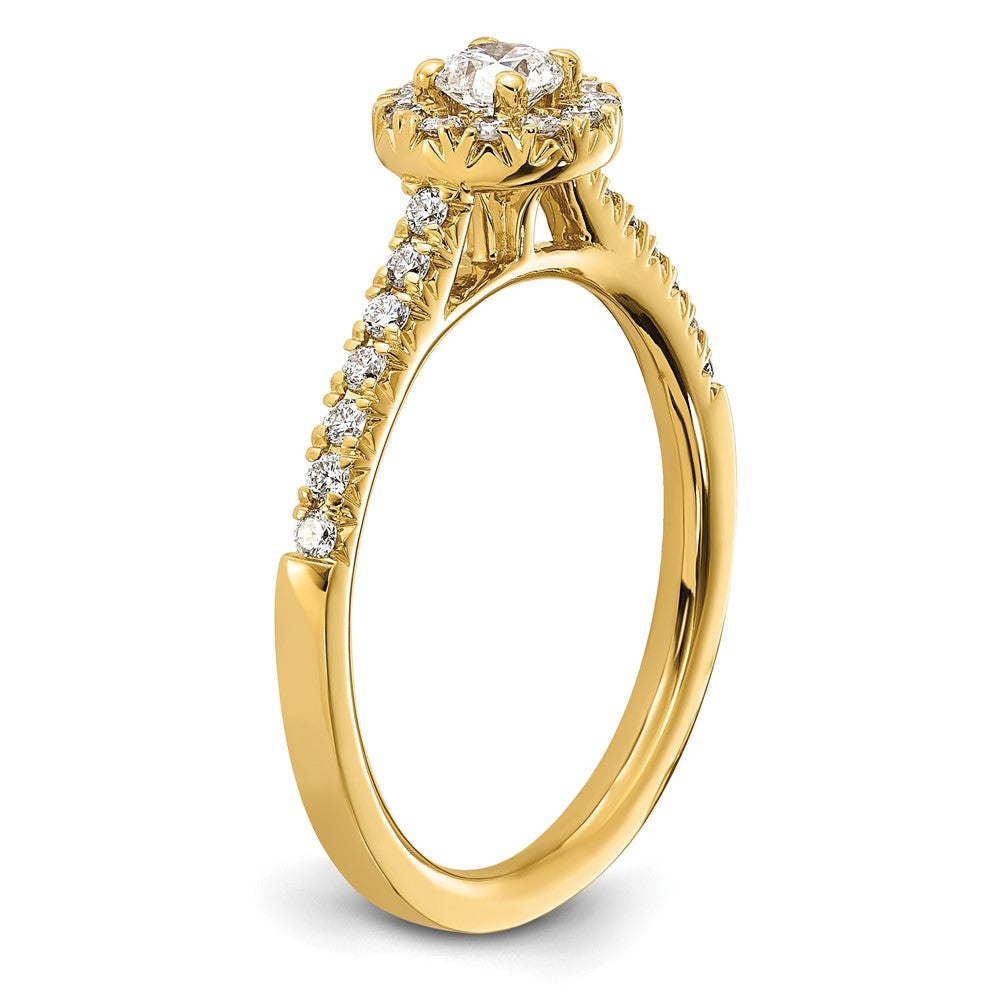 Round lab-grown diamond halo engagement ring in 14K yellow gold