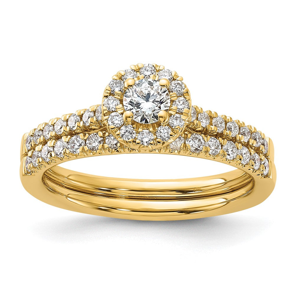 Round lab-grown diamond halo engagement ring in 14K yellow gold