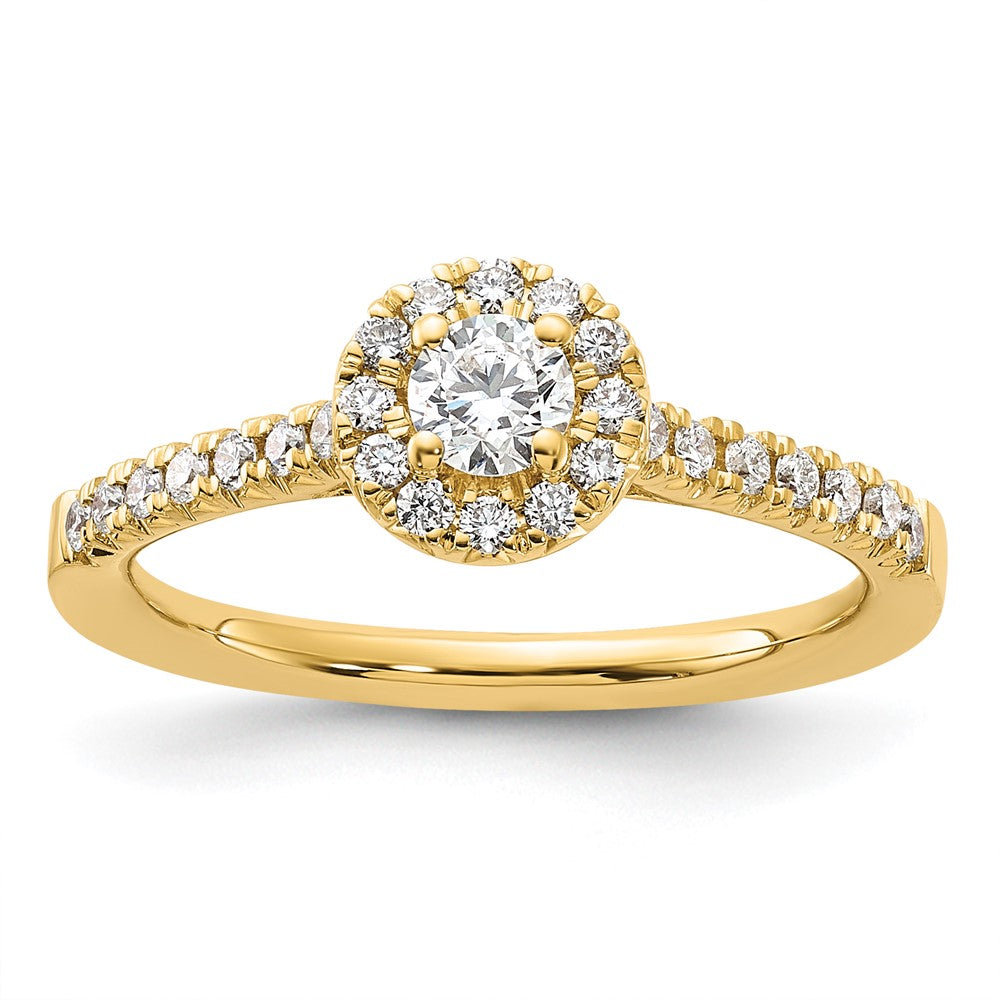 Round lab-grown diamond halo engagement ring in 14K yellow gold