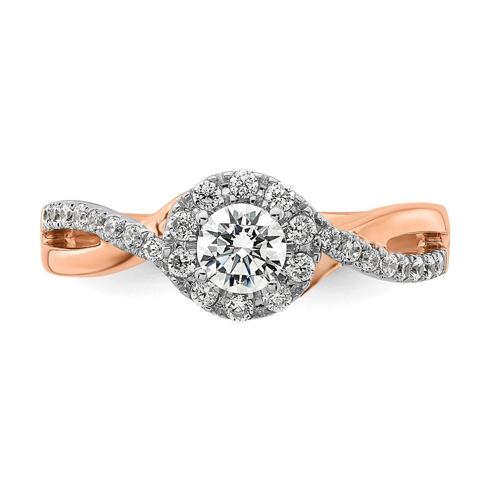 Round lab-grown diamond halo engagement ring in 10K two-tone gold