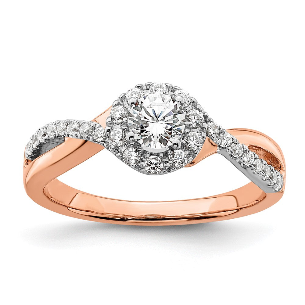 Round lab-grown diamond halo engagement ring in 10K two-tone gold