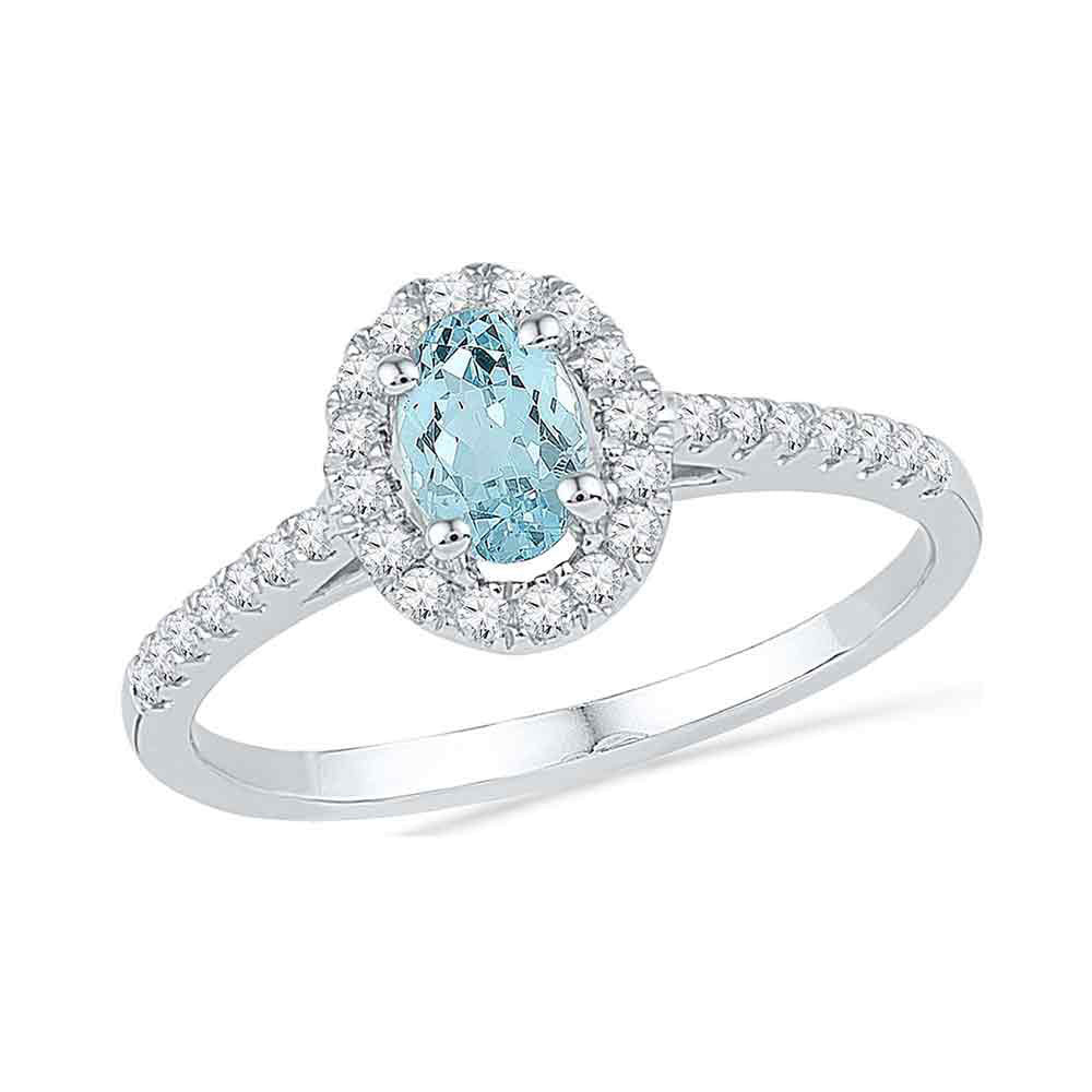 10kt White Gold Womens Oval Aquamarine Diamond-accent Solitaire Ring 1/5 Cttw