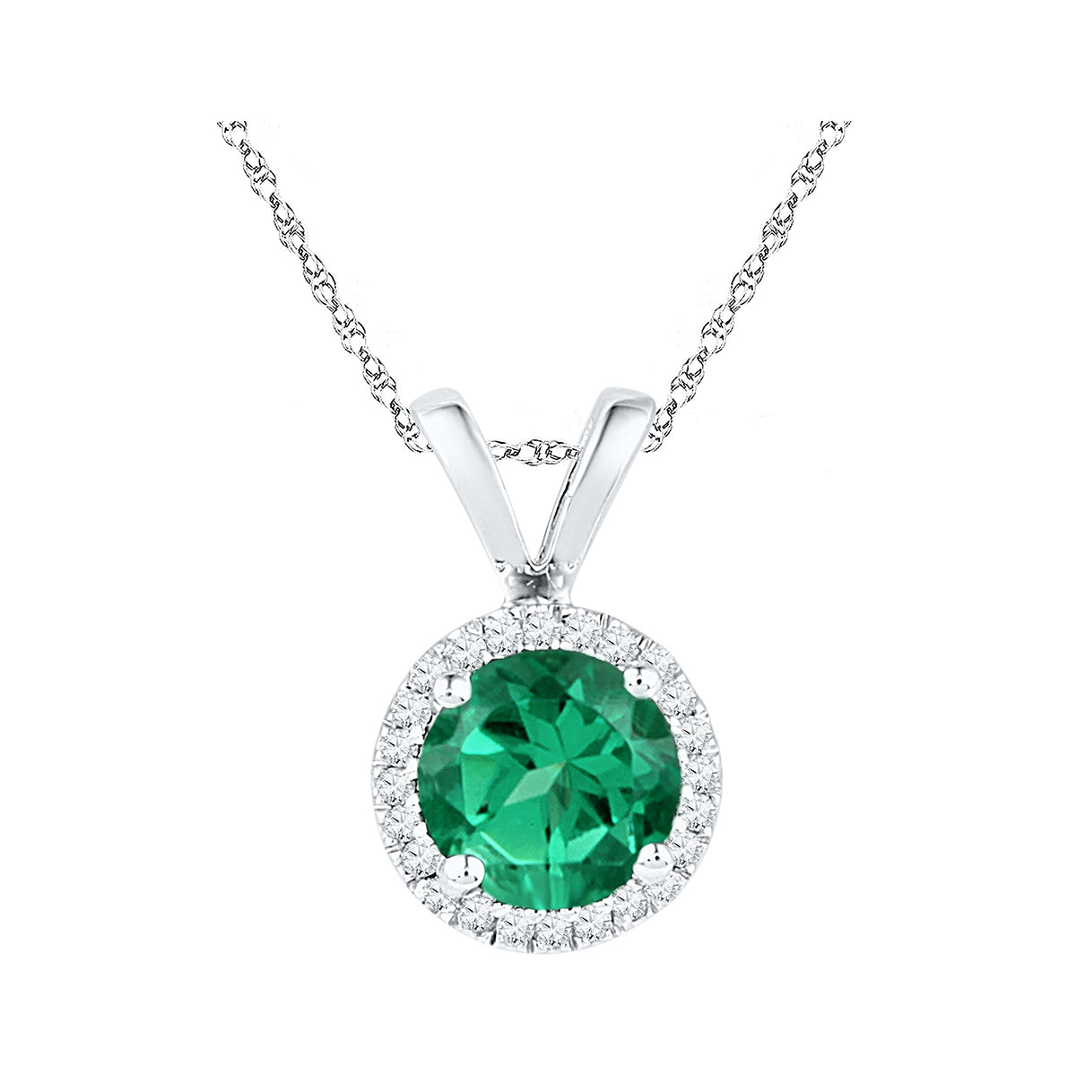 10k White Gold Womens Lab-Created Emerald Solitaire & Diamond Halo Pendant 7/8 Cttw