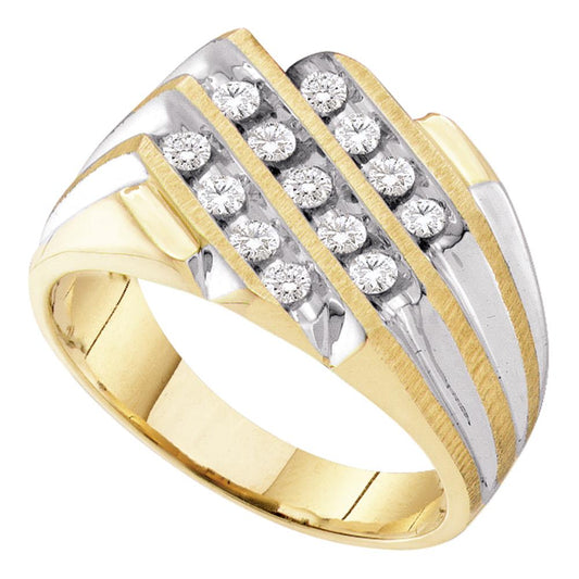 10kt Two-tone Yellow Gold Mens Round Diamond 3-Row Cluster Ring 1/2 Cttw