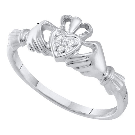 10kt White Gold Womens Round Diamond Claddagh Heart Ring .01 Cttw