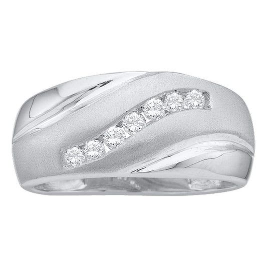 14kt White Gold Mens Round Diamond Single Row Brushed Wedding Band Ring 1/4 Cttw
