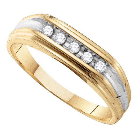 10kt Yellow Gold Mens Round Diamond Single Row Two-tone Wedding Band Ring 1/8 Cttw