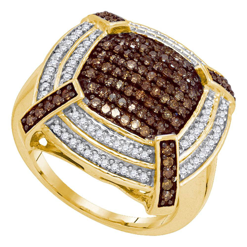 10kt Yellow Gold Womens Round Brown Diamond Square Cluster Ring 3/4 Cttw
