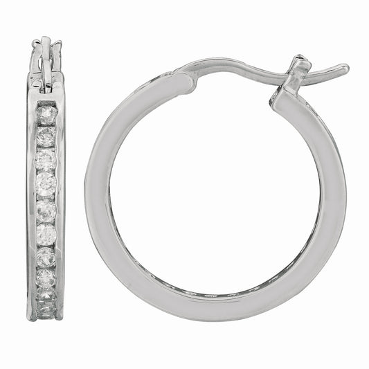 Silver Hined 3x20mm CZ Hoop Earrings