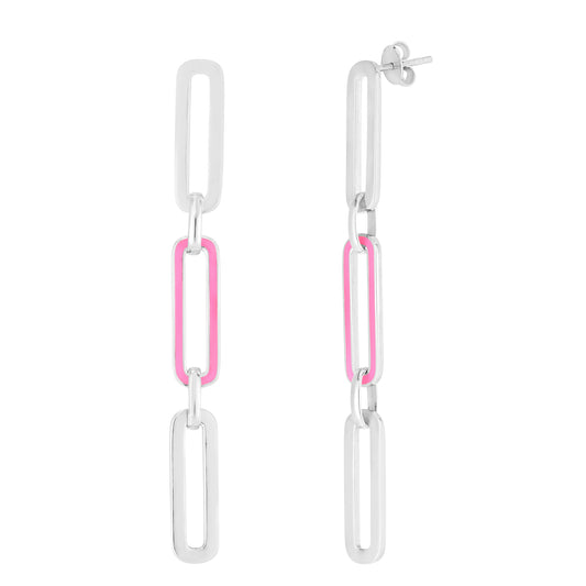 Silver Pink Enamel Paperclip Earrings
