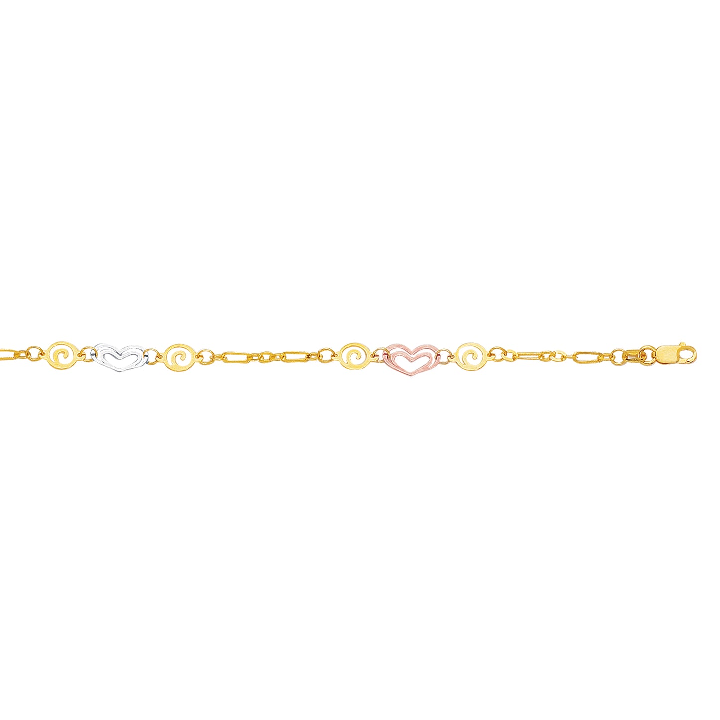 14K Tri-Colorr Gold Heart and Swirl Anklet