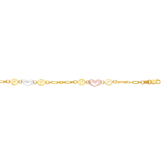 14K Tri-Colorr Gold Heart and Swirl Anklet