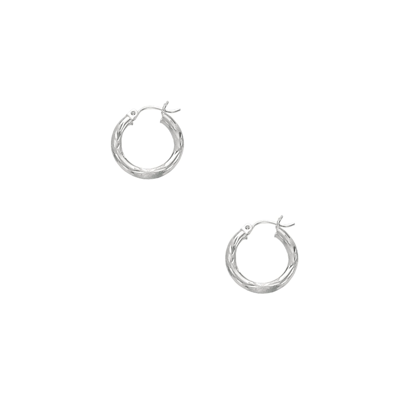 14K White Gold 3mm Diamond Cut & Polished Design Hoop Earring