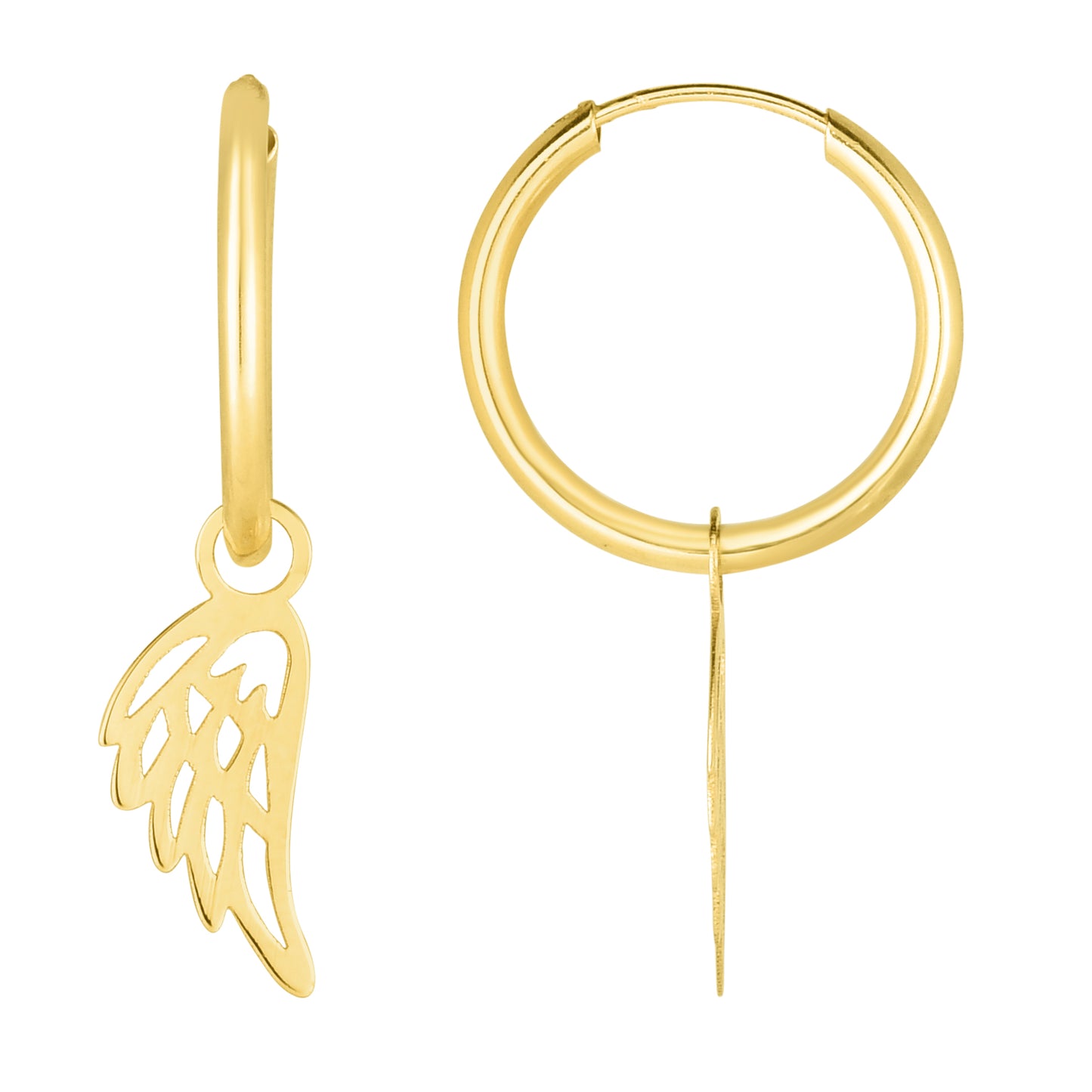 14K Gold Polished Angel Wing Dangle Hoop
