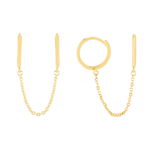 Double Pierced Huggies Chain in 14K Yellow Gold