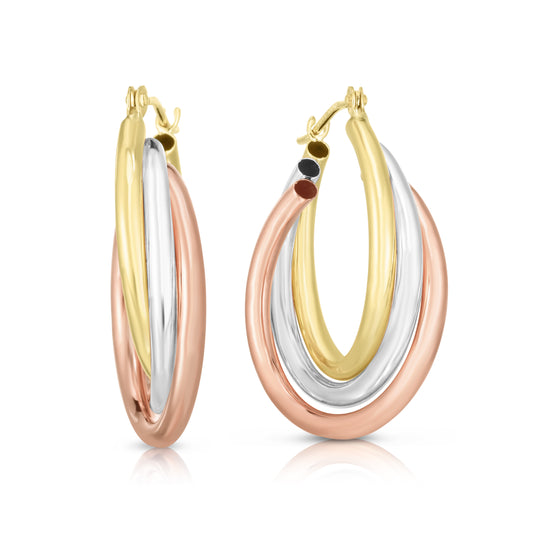 14K Tri-Colorr Gold Polished Triple Row Hoop Earring