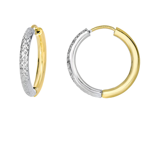 14K Yellow & White Gold Diamond Cut Hoop Earring