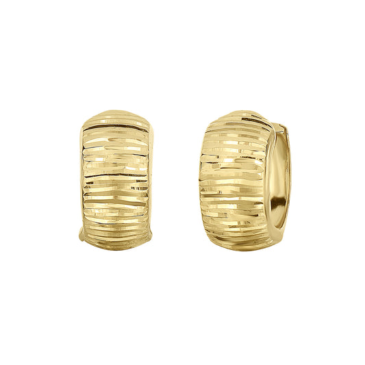 14K Gold Reversible Polished & Linear Diamond Cut Huggie Earring