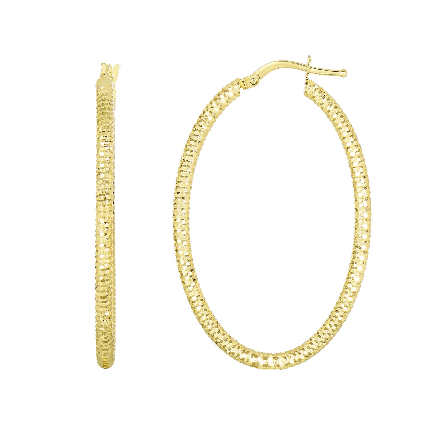 14K Gold Oval Diamond Cut Hoop Earring