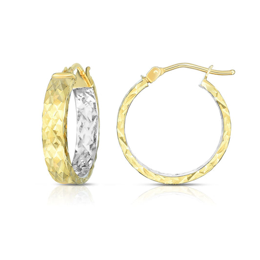 14K Yellow & White Gold Diamond Cut Hoop Earring