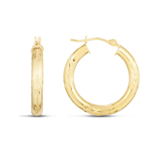 14K Yellow Gold 3mm Diamond Cut & Polished Design Hoop Earring