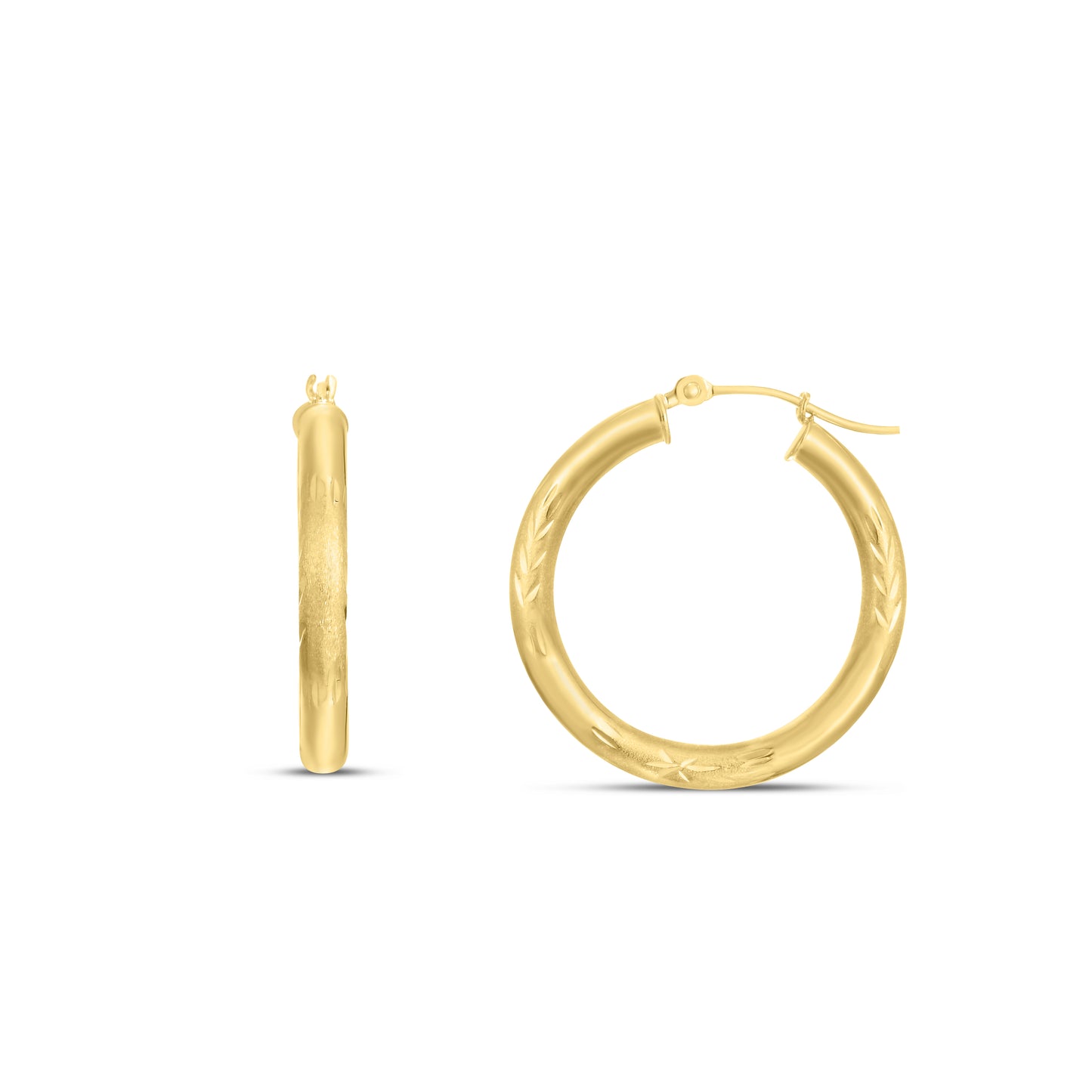 14K Yellow Gold 3mm Diamond Cut & Polished Design Hoop Earring