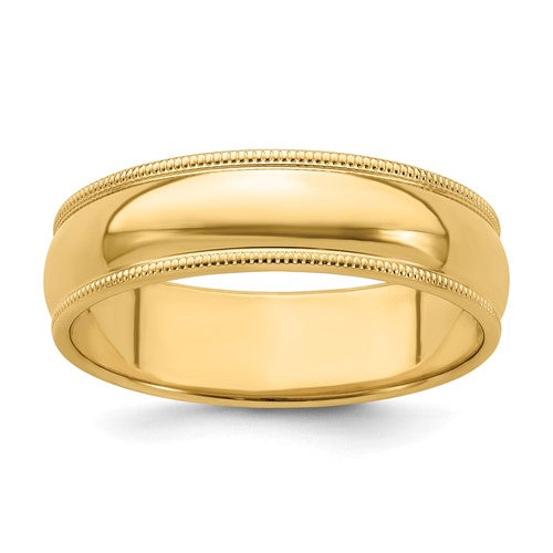 Milgrain Half Round Wedding Band in 14K Yellow Gold — 6mm, Size 9.5