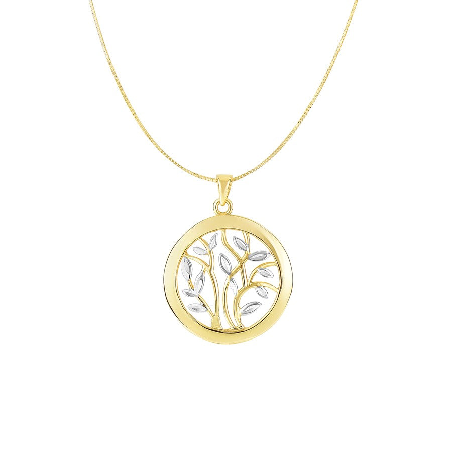 14K Two-tone Gold Tree of Life Polished Circle Necklace
