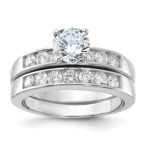 Silver Rhodium Plated CZ Engagement Ring and CZ Wedding Band Two Piece Set