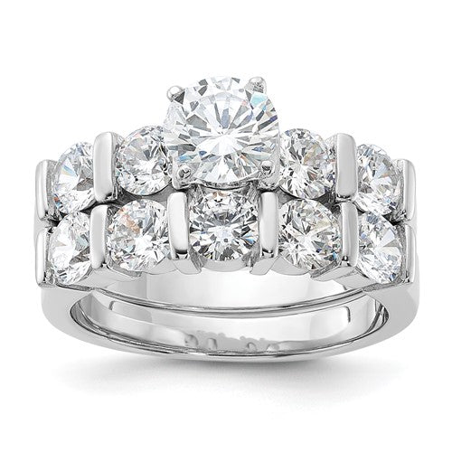 Silver Rhodium Plated CZ Engagement Ring and CZ Wedding Band Two Piece Set