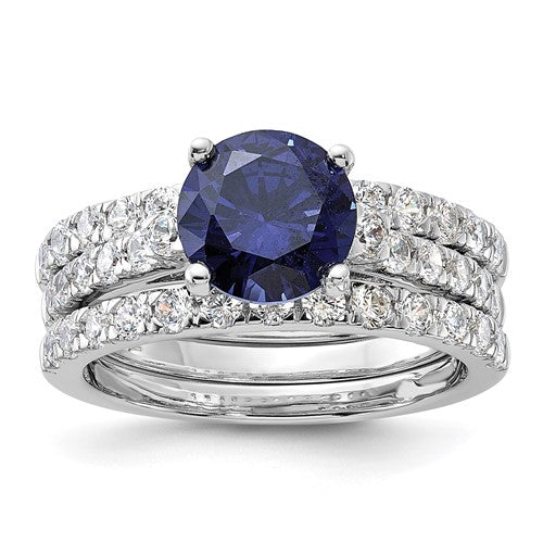 Silver Rhodium-plated Blue CZ Engagement Ring and White CZ Wedding Band Set