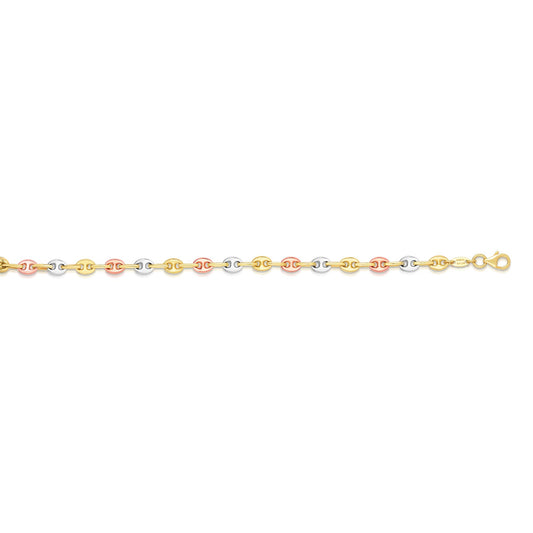 14K Tri-Colorr Gold Puffed Mariner Link Anklet