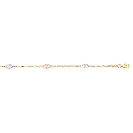 14K Tri-Colorr Gold Diamond Cut Anklet