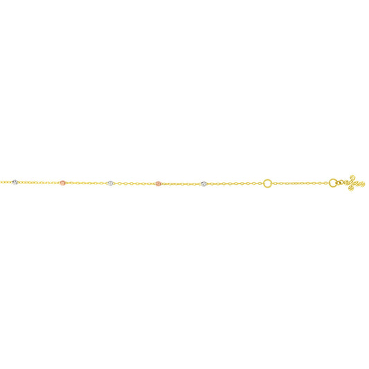 14K Tri-Colorr Gold Diamond Cut Dangle Cross Anklet