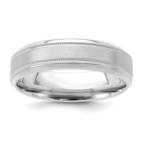 Comfort Fit Milgrain Grooved Edge Wedding Band in 14K White Gold — 6mm, Size 10