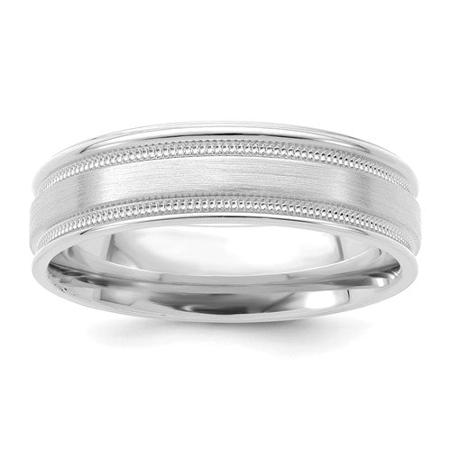 Comfort Fit Milgrain Grooved Edge Wedding Band in 14K White Gold — 6mm, Size 7